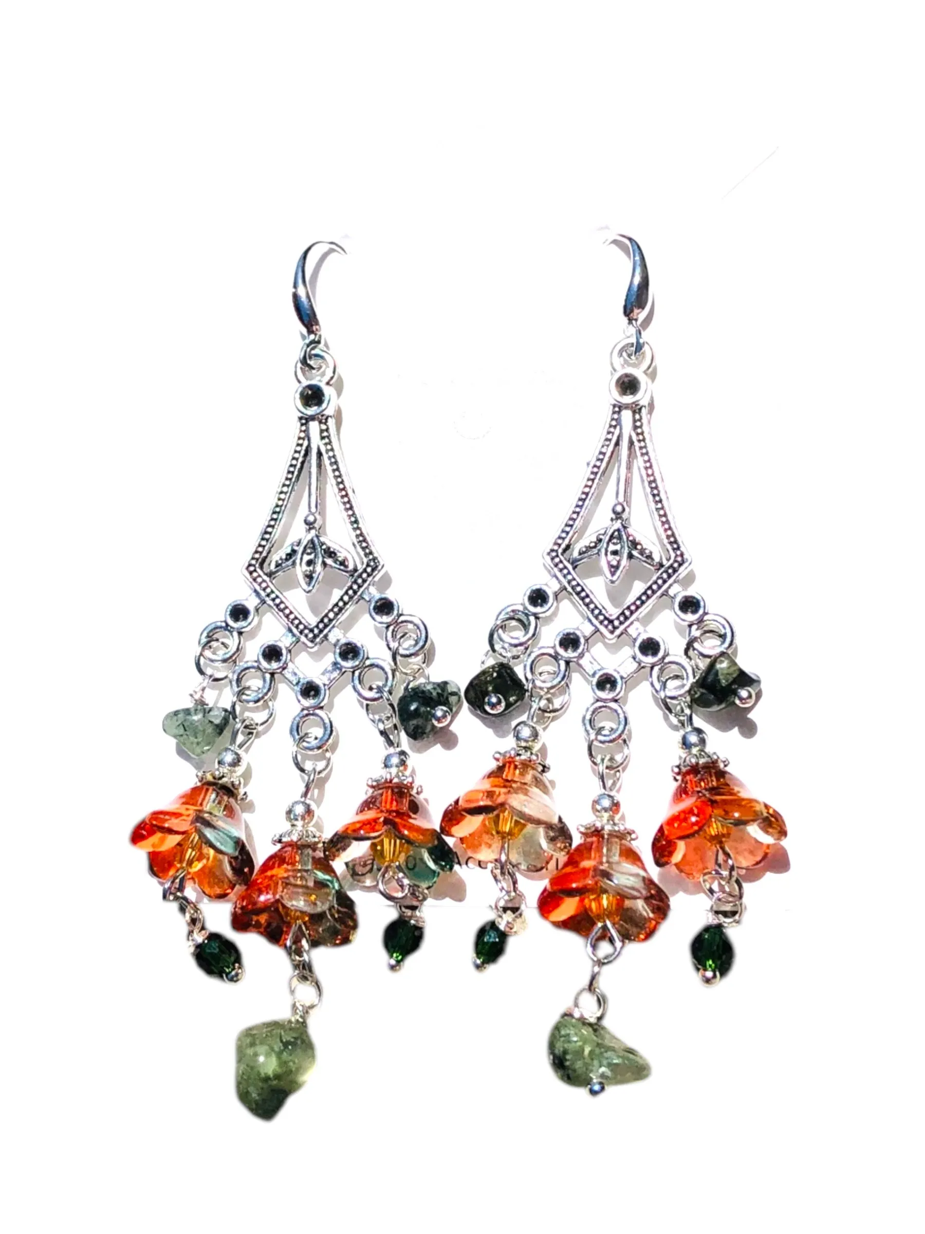 Glass Flower Bohemian Antique Silver Chandelier Earrings