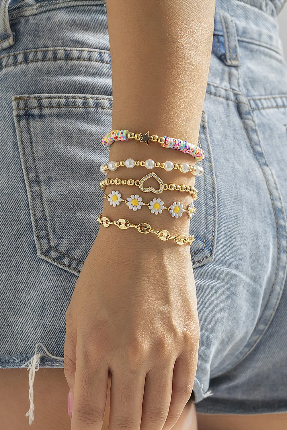 Gold Boho Floral Beaded Bracelet Set