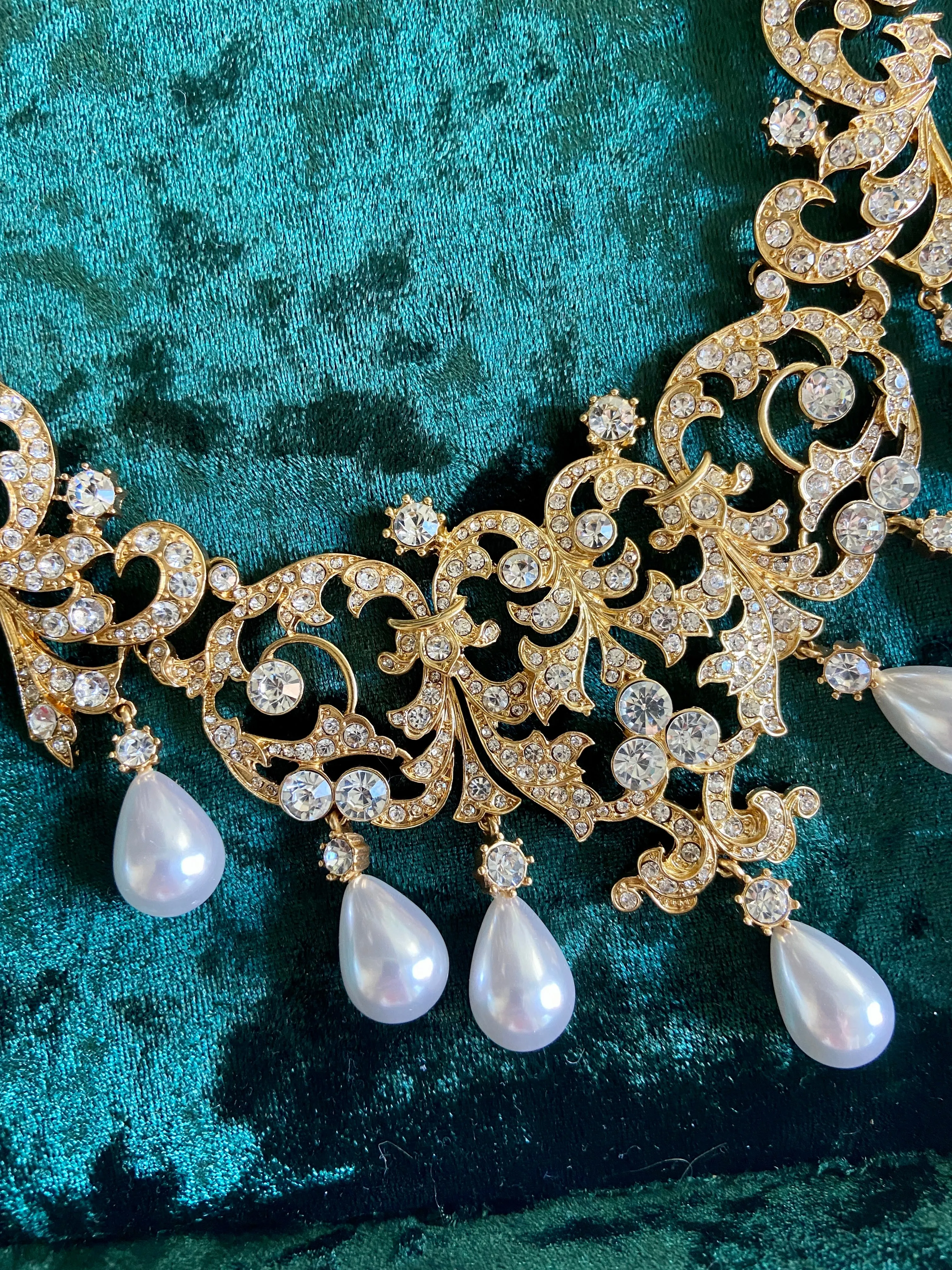 Gold Diamond Jeweled Pearl Bridal Necklace