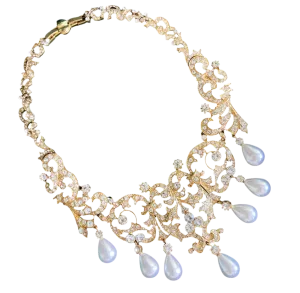 Gold Diamond Jeweled Pearl Bridal Necklace