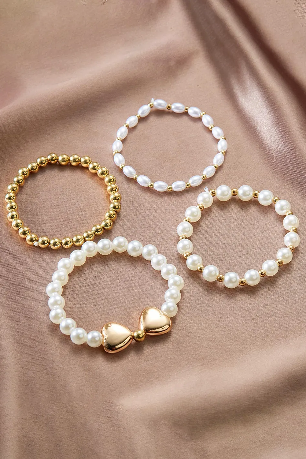 Gold Heart Pearl Plated Beaded Elastic Bracelet Set