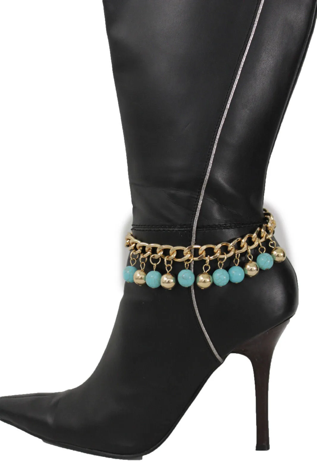 Gold Metal Chains Boot Multi Balls Anklet Shoe Turquoise Blue Women Moroccan Hot Fashion