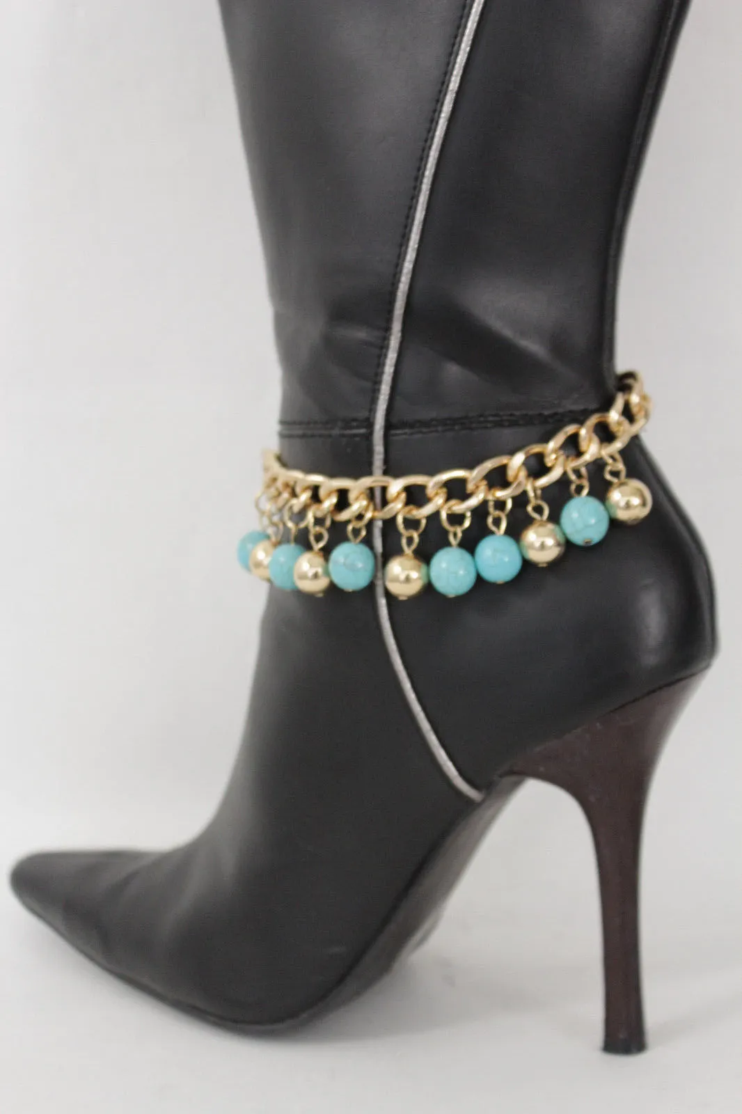 Gold Metal Chains Boot Multi Balls Anklet Shoe Turquoise Blue Women Moroccan Hot Fashion
