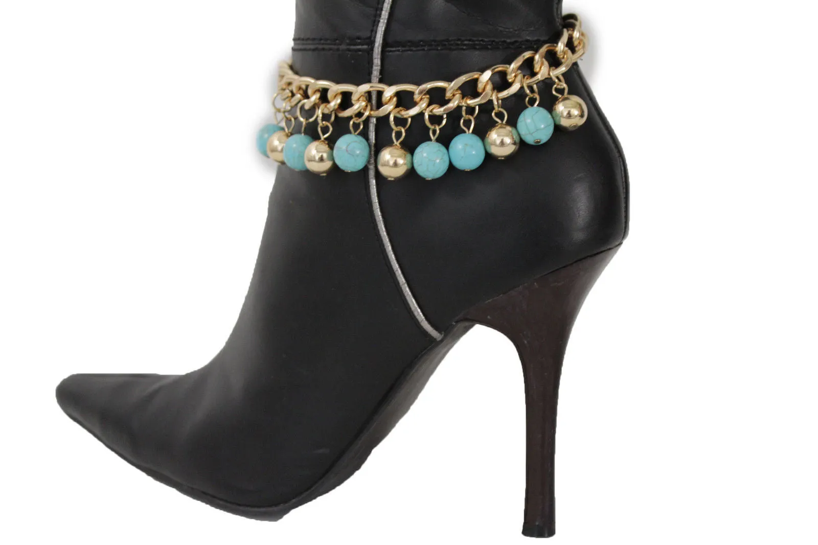 Gold Metal Chains Boot Multi Balls Anklet Shoe Turquoise Blue Women Moroccan Hot Fashion
