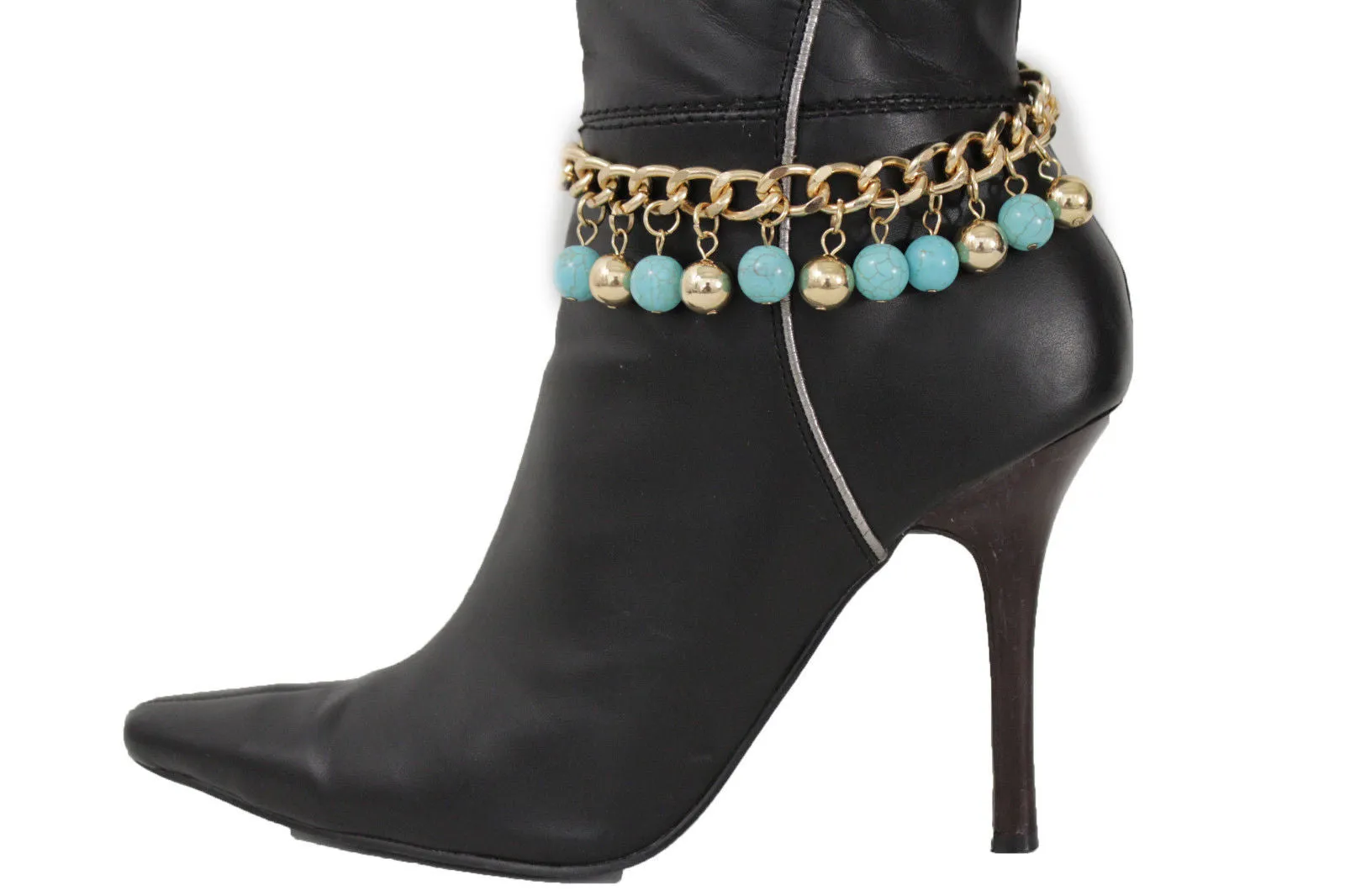 Gold Metal Chains Boot Multi Balls Anklet Shoe Turquoise Blue Women Moroccan Hot Fashion