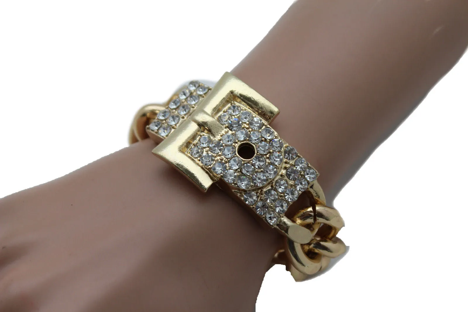 Gold Metal Shinny Chains Bracelet Rhinestones Buckle Beads