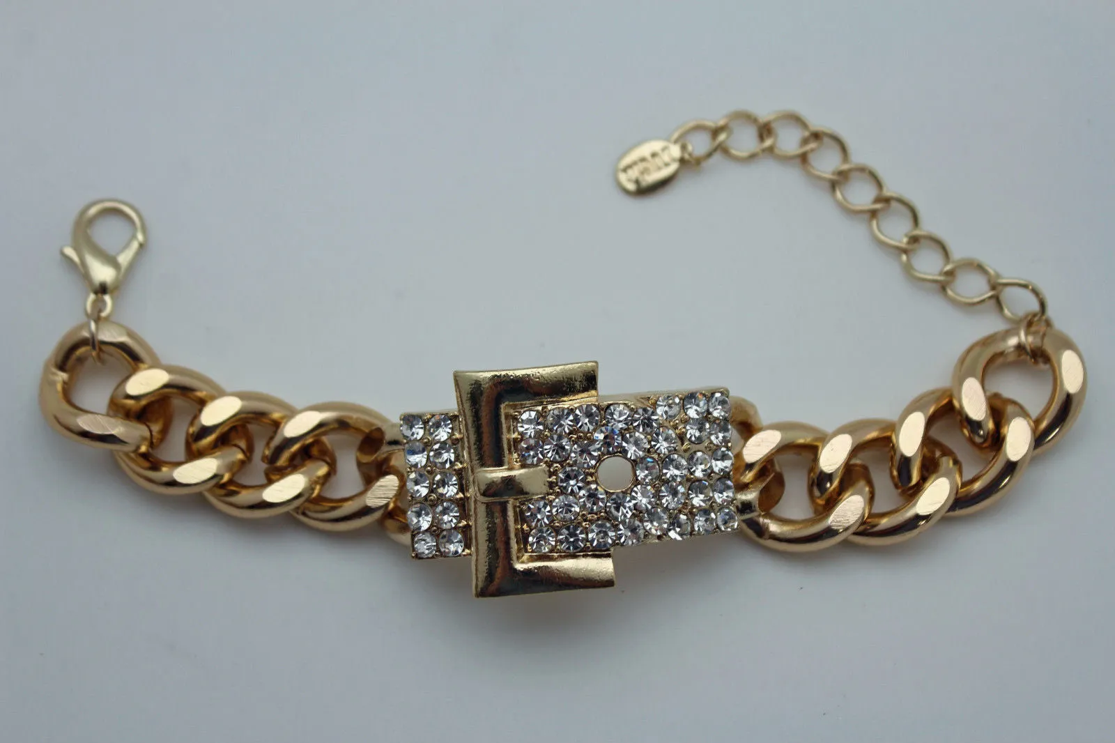 Gold Metal Shinny Chains Bracelet Rhinestones Buckle Beads