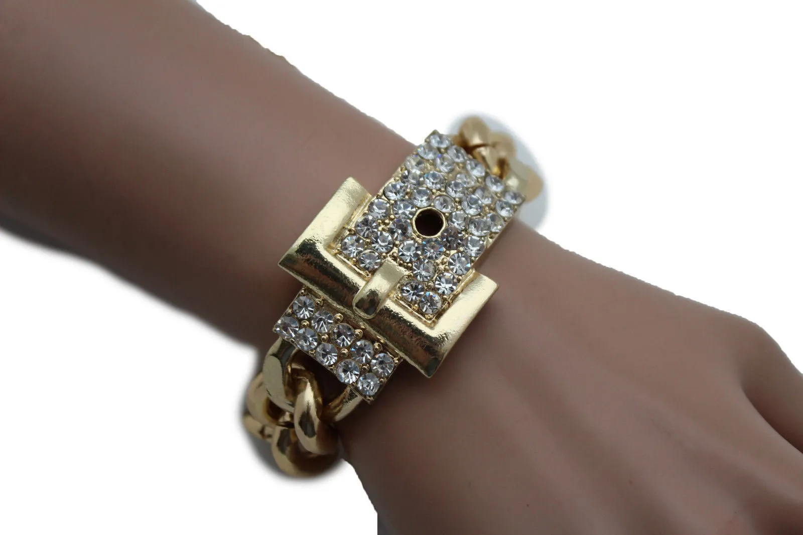 Gold Metal Shinny Chains Bracelet Rhinestones Buckle Beads