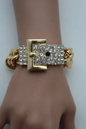 Gold Metal Shinny Chains Bracelet Rhinestones Buckle Beads
