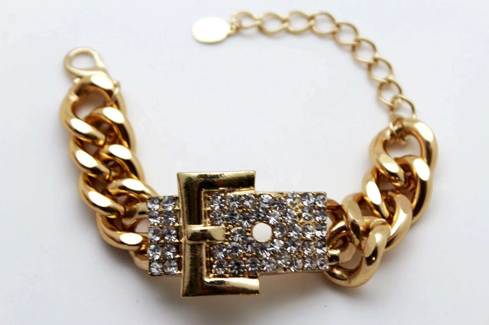 Gold Metal Shinny Chains Bracelet Rhinestones Buckle Beads
