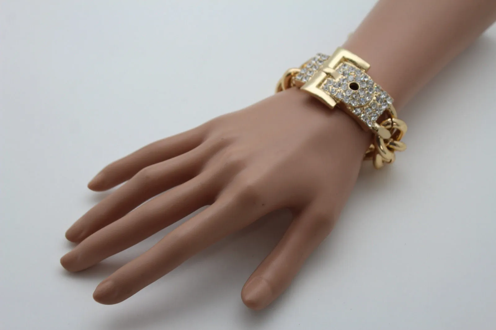 Gold Metal Shinny Chains Bracelet Rhinestones Buckle Beads