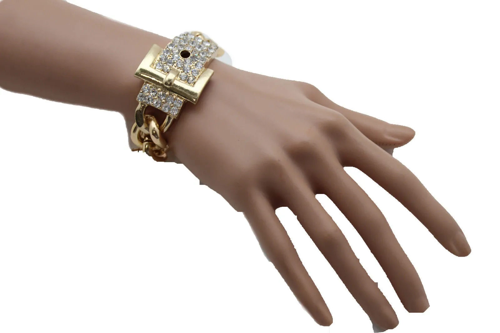 Gold Metal Shinny Chains Bracelet Rhinestones Buckle Beads