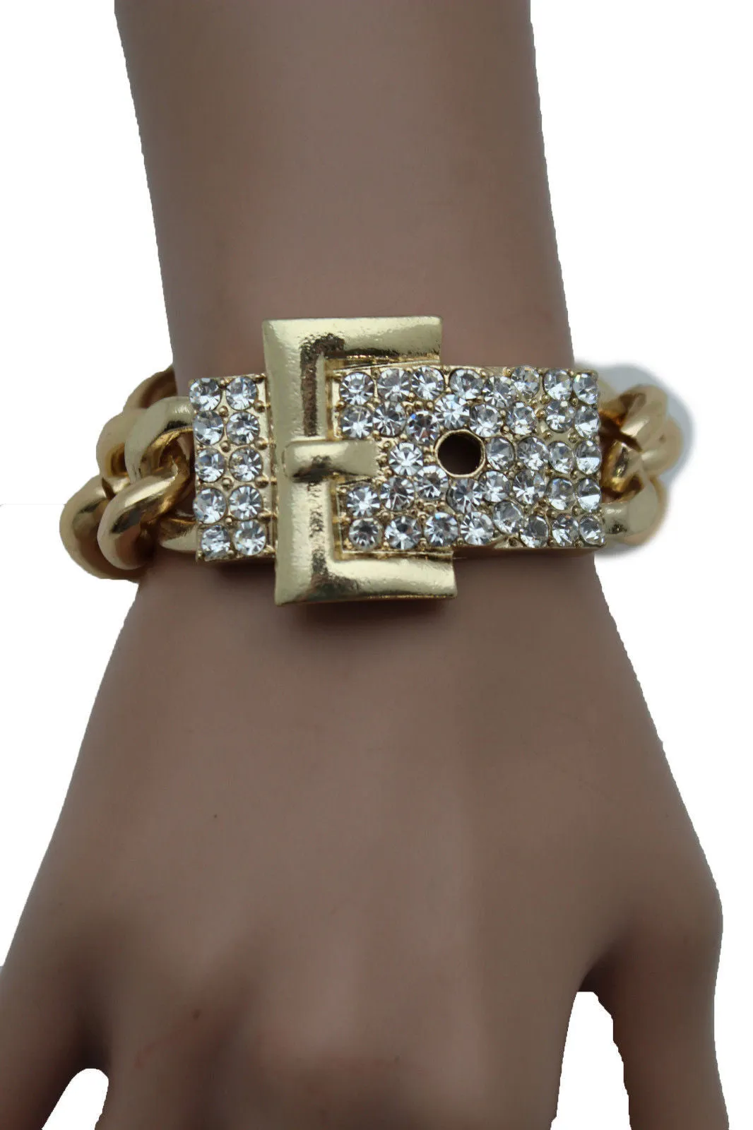 Gold Metal Shinny Chains Bracelet Rhinestones Buckle Beads