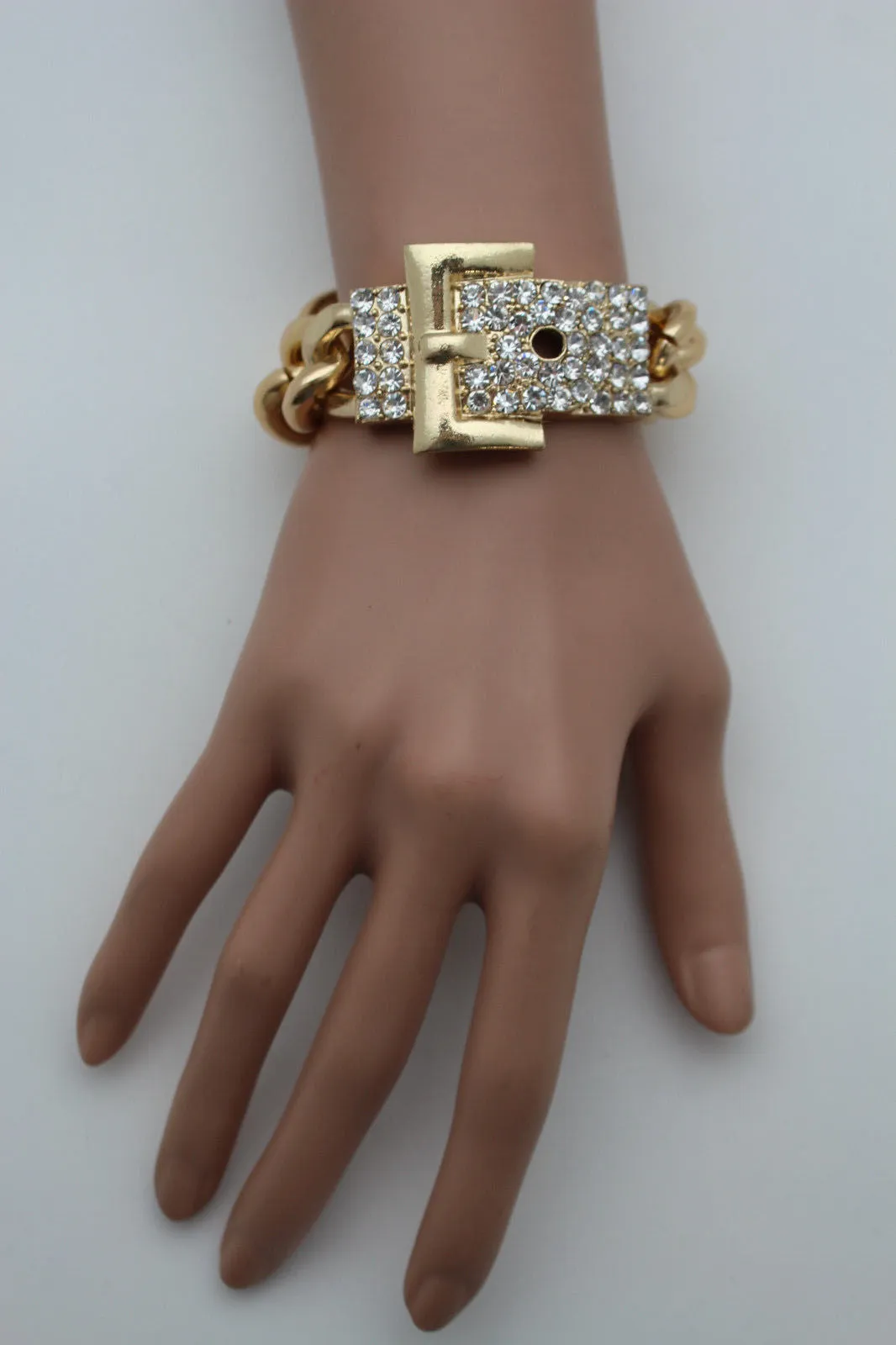 Gold Metal Shinny Chains Bracelet Rhinestones Buckle Beads