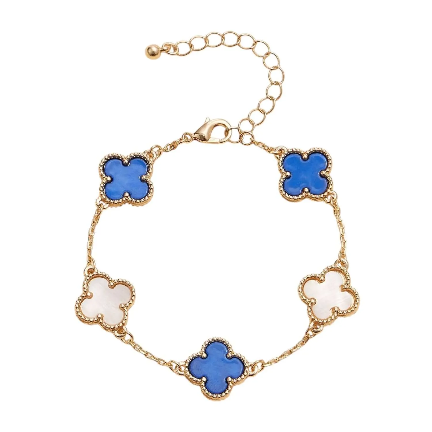 Gold Mother of Pearl Clover Bracelet - Blue/White