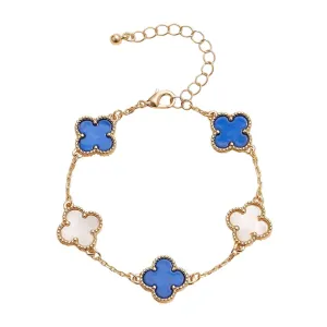 Gold Mother of Pearl Clover Bracelet - Blue/White