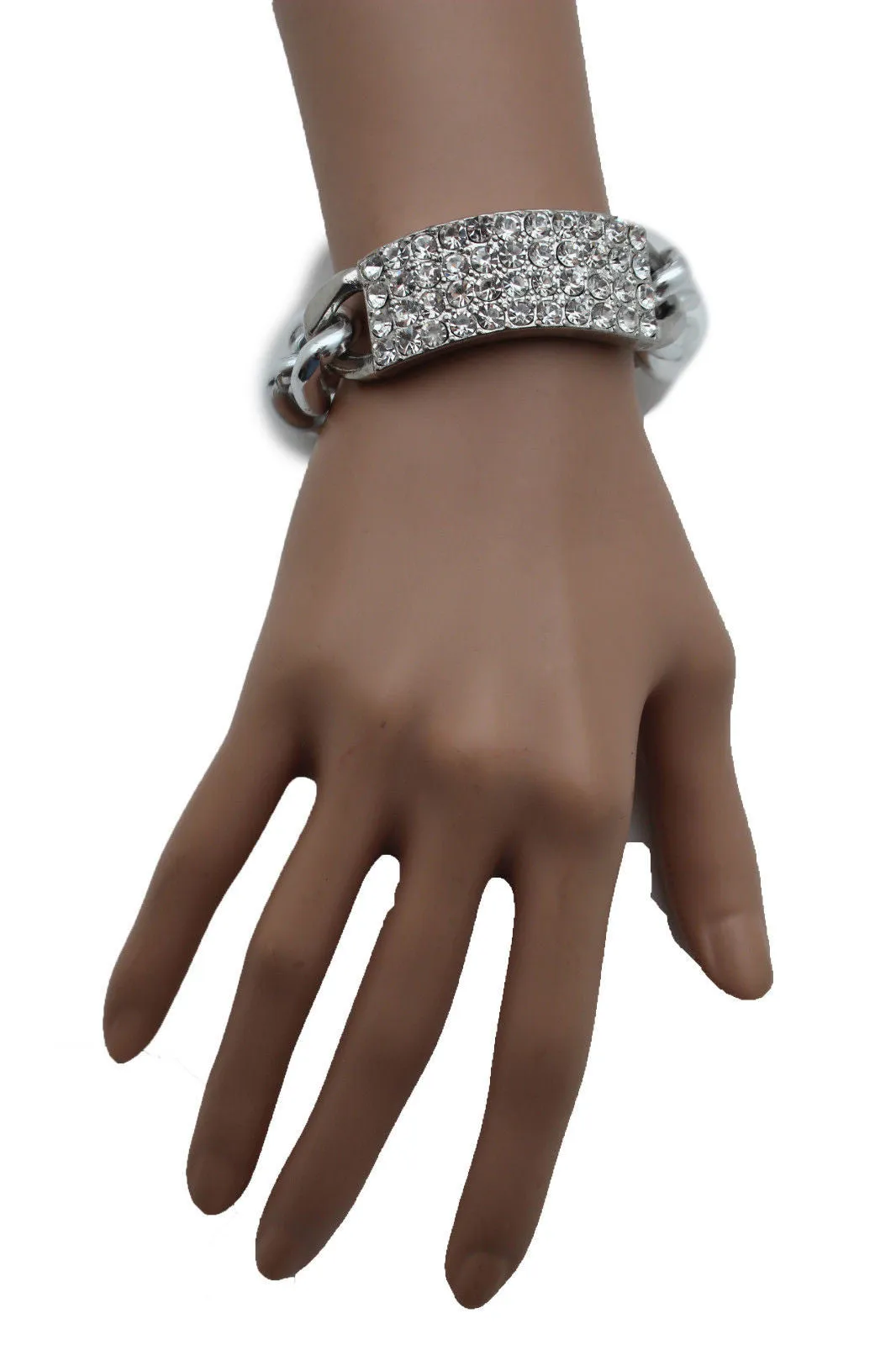 Gold Silver Metal Chains Bracelet Metal Plate Multi Clear Rhinestones