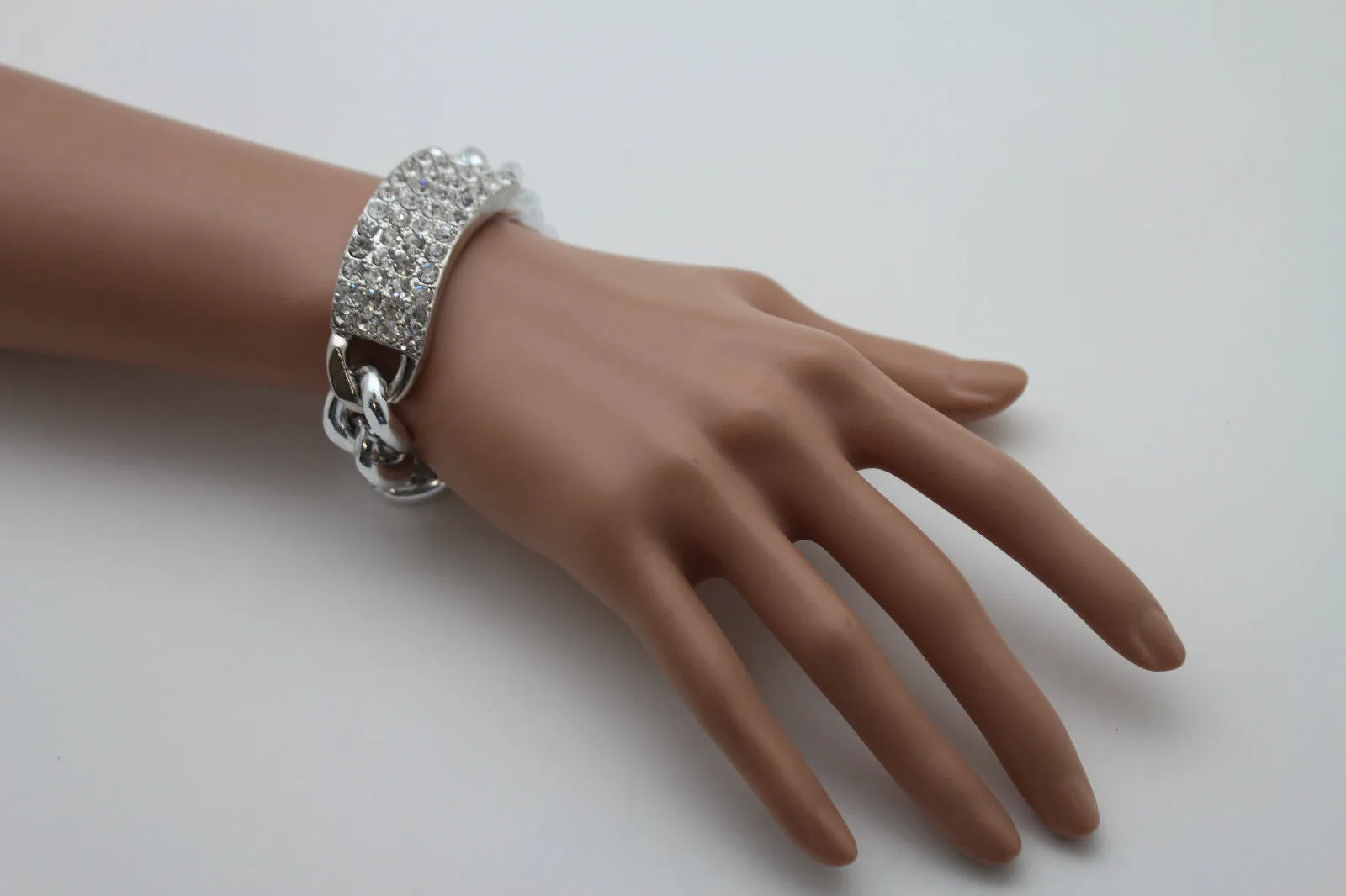 Gold Silver Metal Chains Bracelet Metal Plate Multi Clear Rhinestones