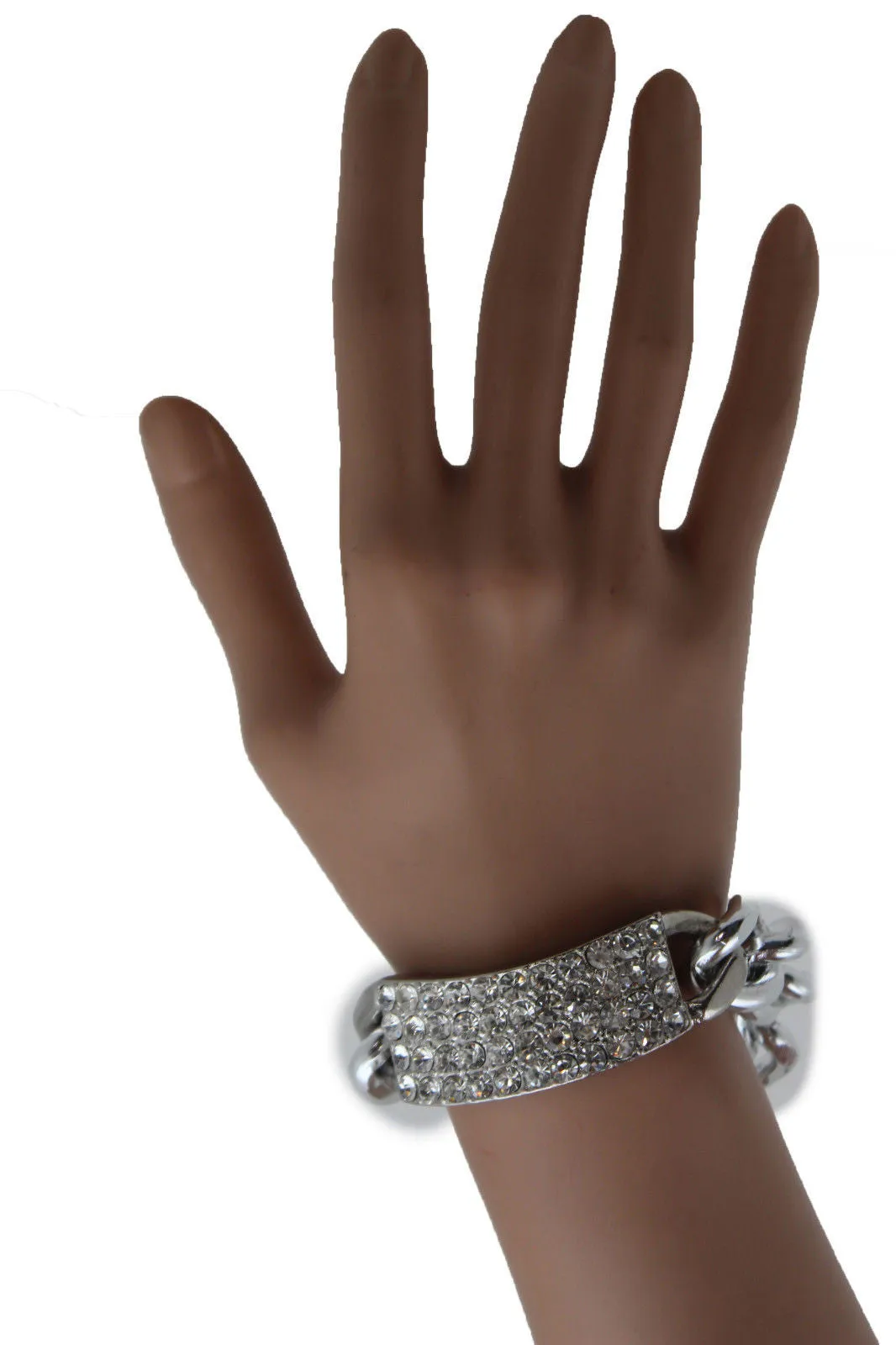 Gold Silver Metal Chains Bracelet Metal Plate Multi Clear Rhinestones