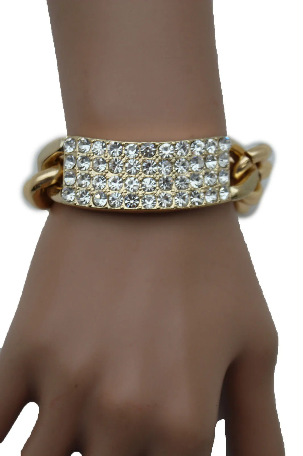 Gold Silver Metal Chains Bracelet Metal Plate Multi Clear Rhinestones