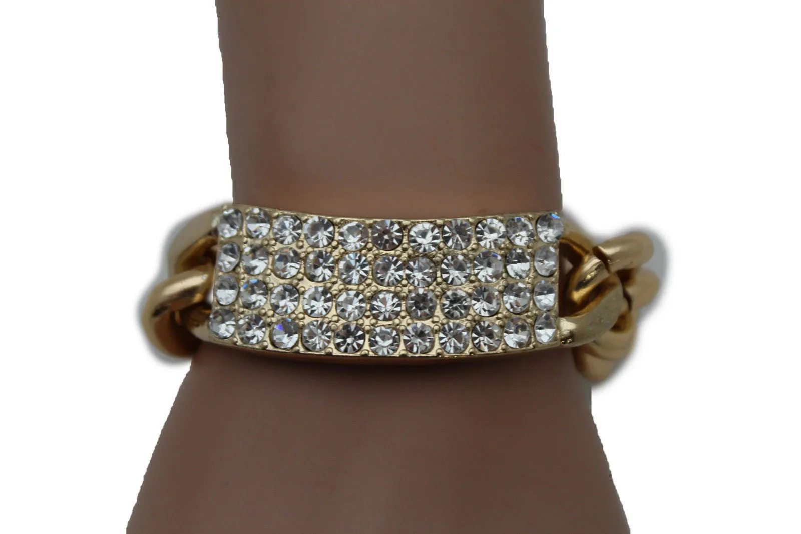 Gold Silver Metal Chains Bracelet Metal Plate Multi Clear Rhinestones
