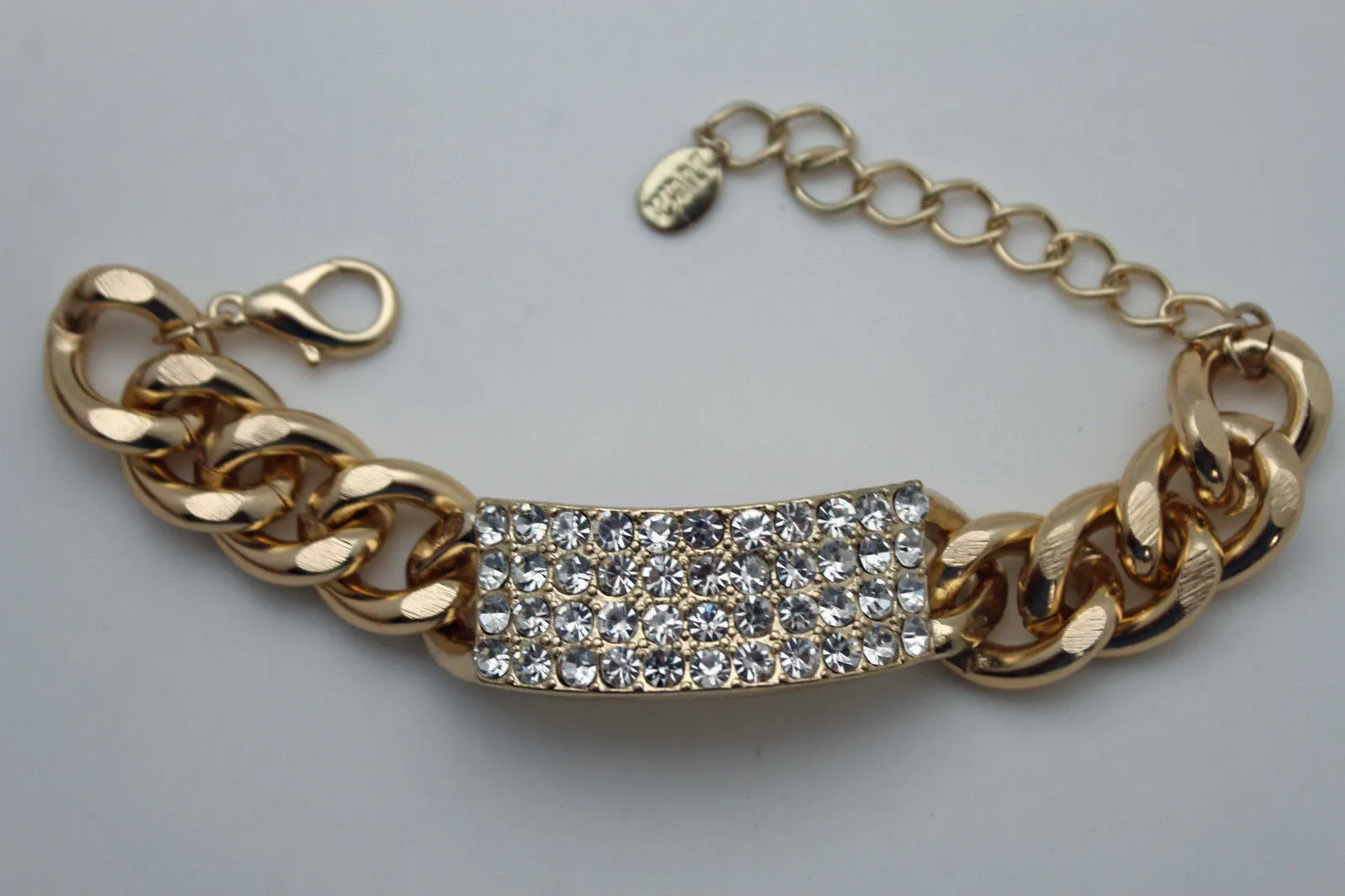 Gold Silver Metal Chains Bracelet Metal Plate Multi Clear Rhinestones