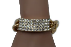 Gold Silver Metal Chains Bracelet Metal Plate Multi Clear Rhinestones