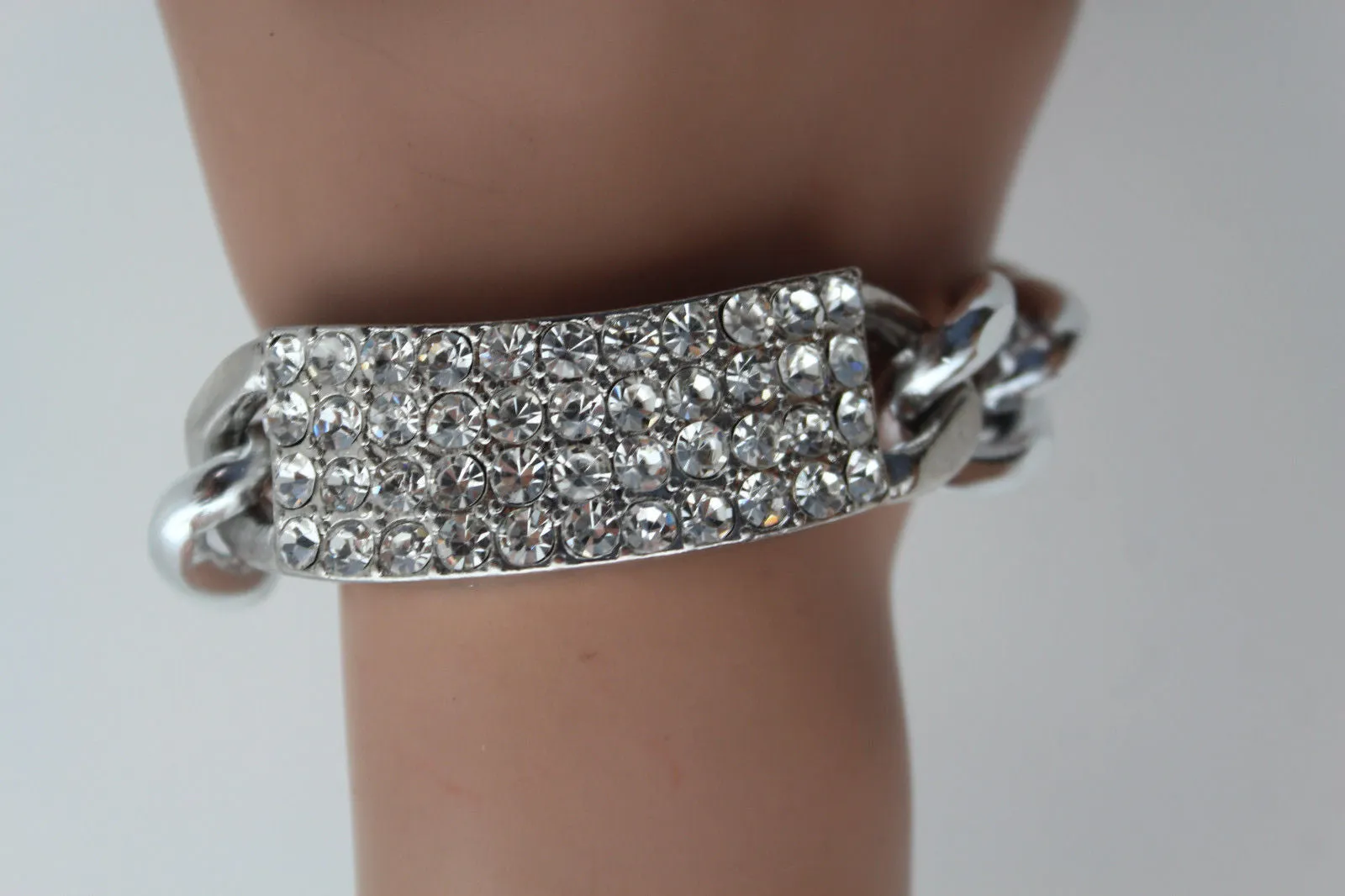 Gold Silver Metal Chains Bracelet Metal Plate Multi Clear Rhinestones
