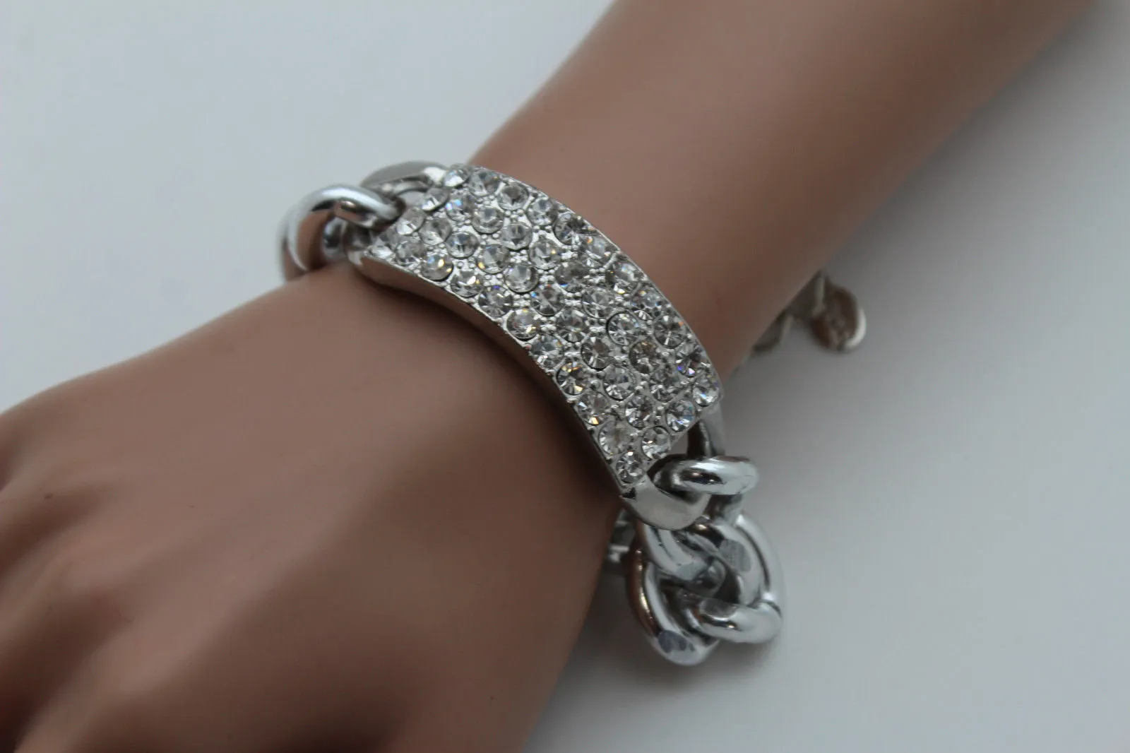 Gold Silver Metal Chains Bracelet Metal Plate Multi Clear Rhinestones
