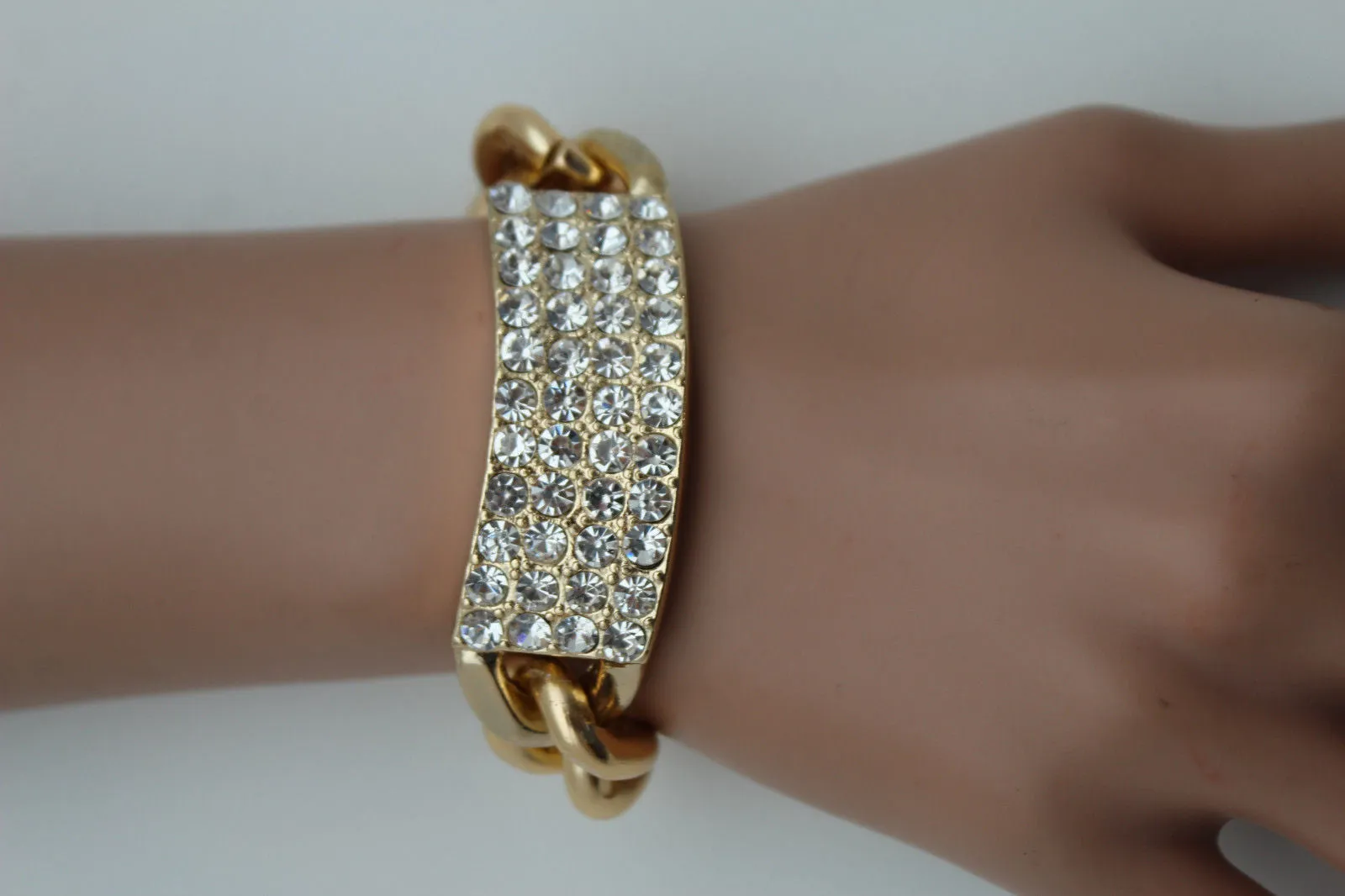 Gold Silver Metal Chains Bracelet Metal Plate Multi Clear Rhinestones