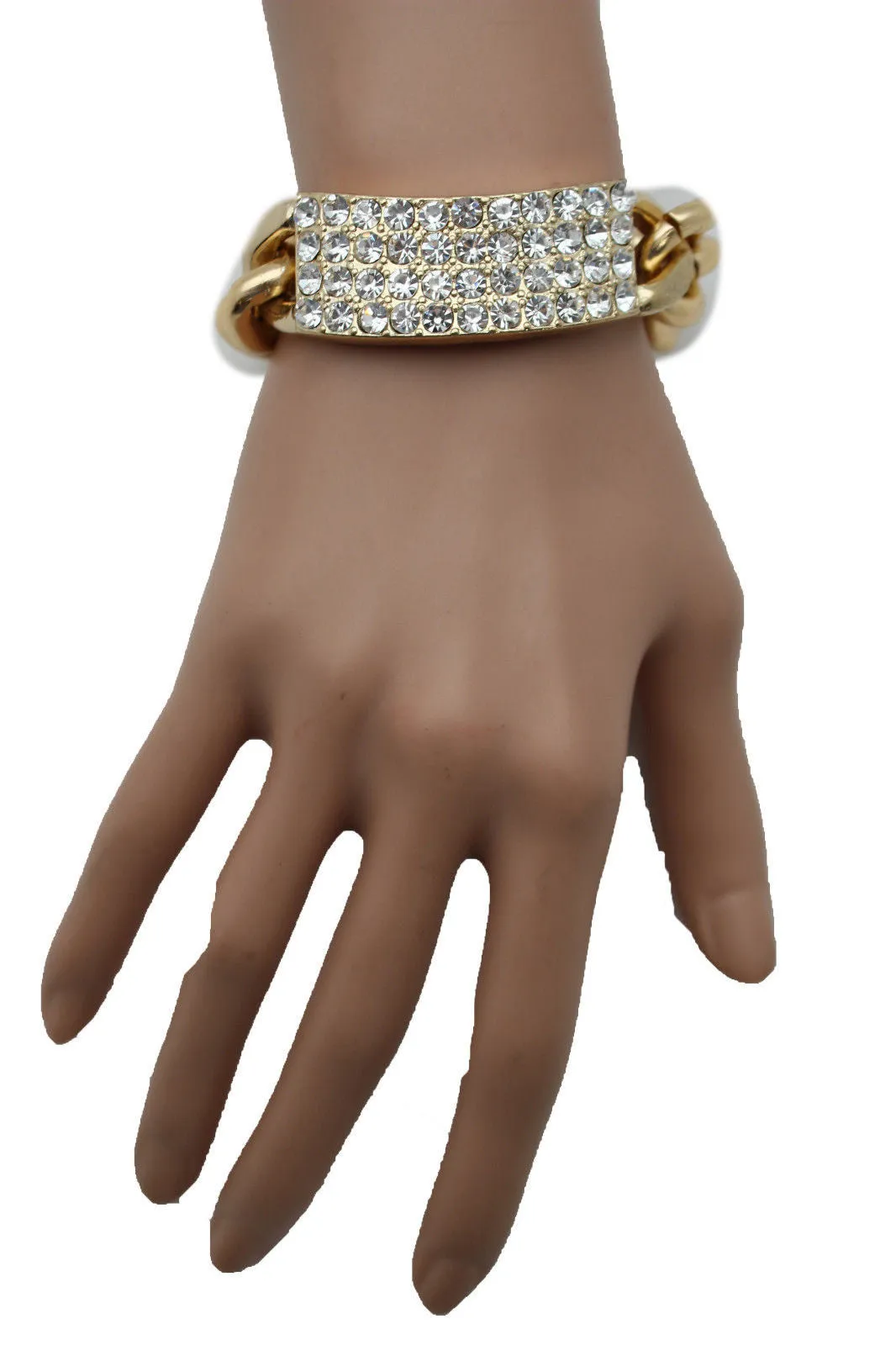 Gold Silver Metal Chains Bracelet Metal Plate Multi Clear Rhinestones