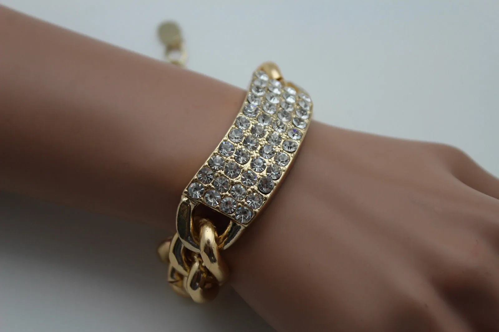 Gold Silver Metal Chains Bracelet Metal Plate Multi Clear Rhinestones