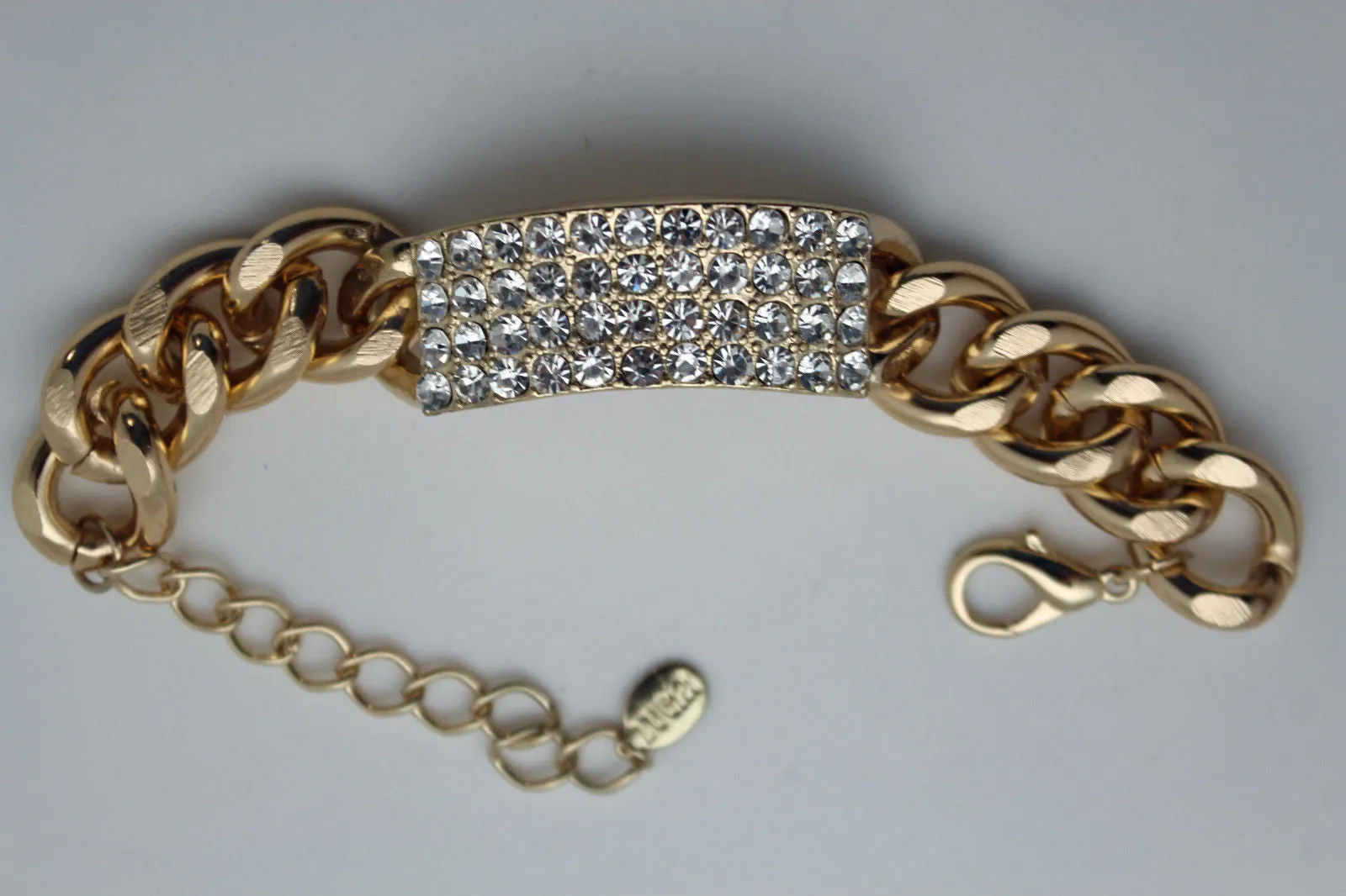 Gold Silver Metal Chains Bracelet Metal Plate Multi Clear Rhinestones