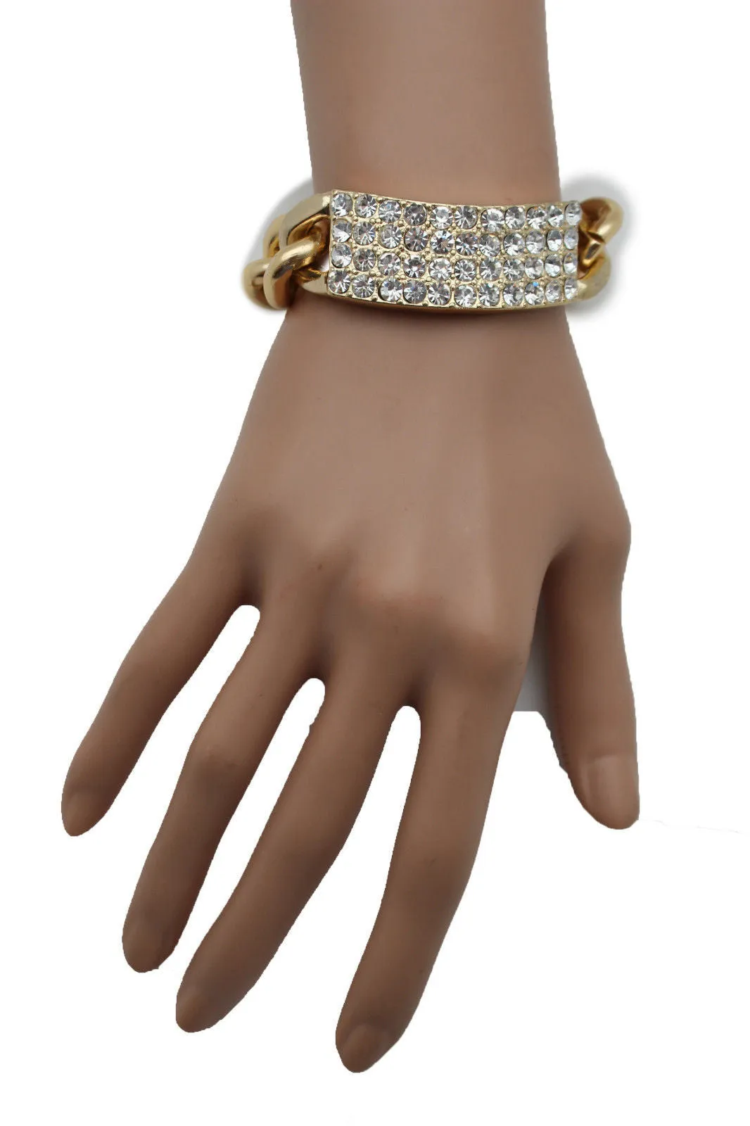 Gold Silver Metal Chains Bracelet Metal Plate Multi Clear Rhinestones