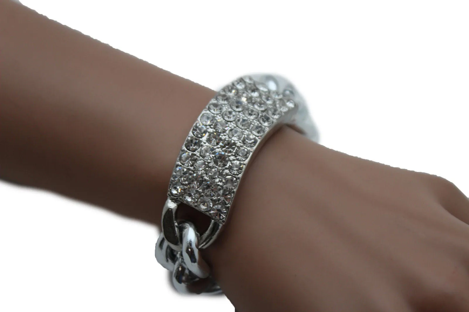 Gold Silver Metal Chains Bracelet Metal Plate Multi Clear Rhinestones