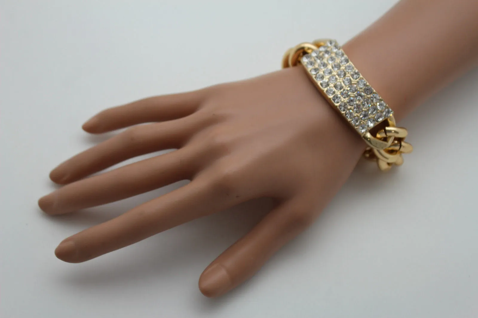 Gold Silver Metal Chains Bracelet Metal Plate Multi Clear Rhinestones
