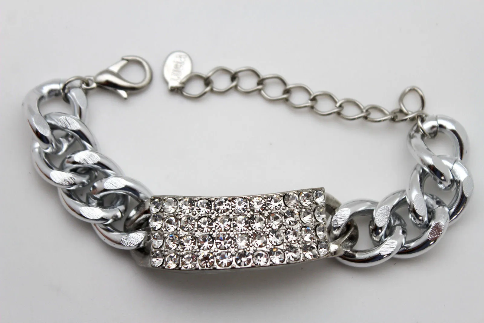 Gold Silver Metal Chains Bracelet Metal Plate Multi Clear Rhinestones
