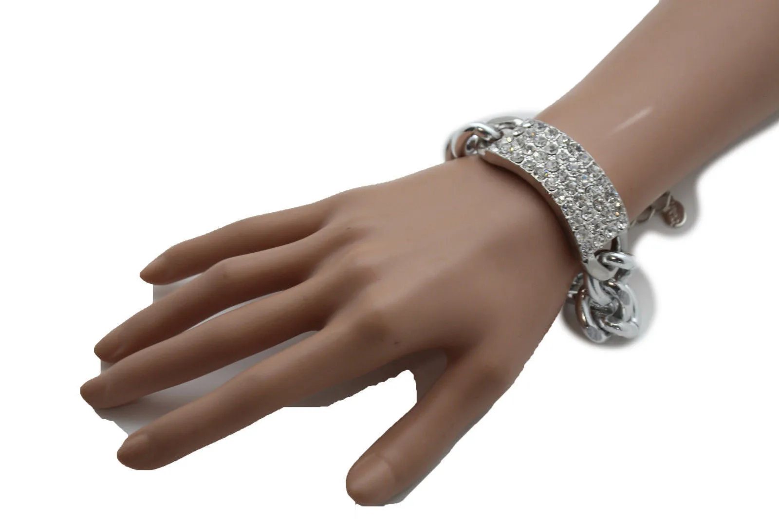 Gold Silver Metal Chains Bracelet Metal Plate Multi Clear Rhinestones