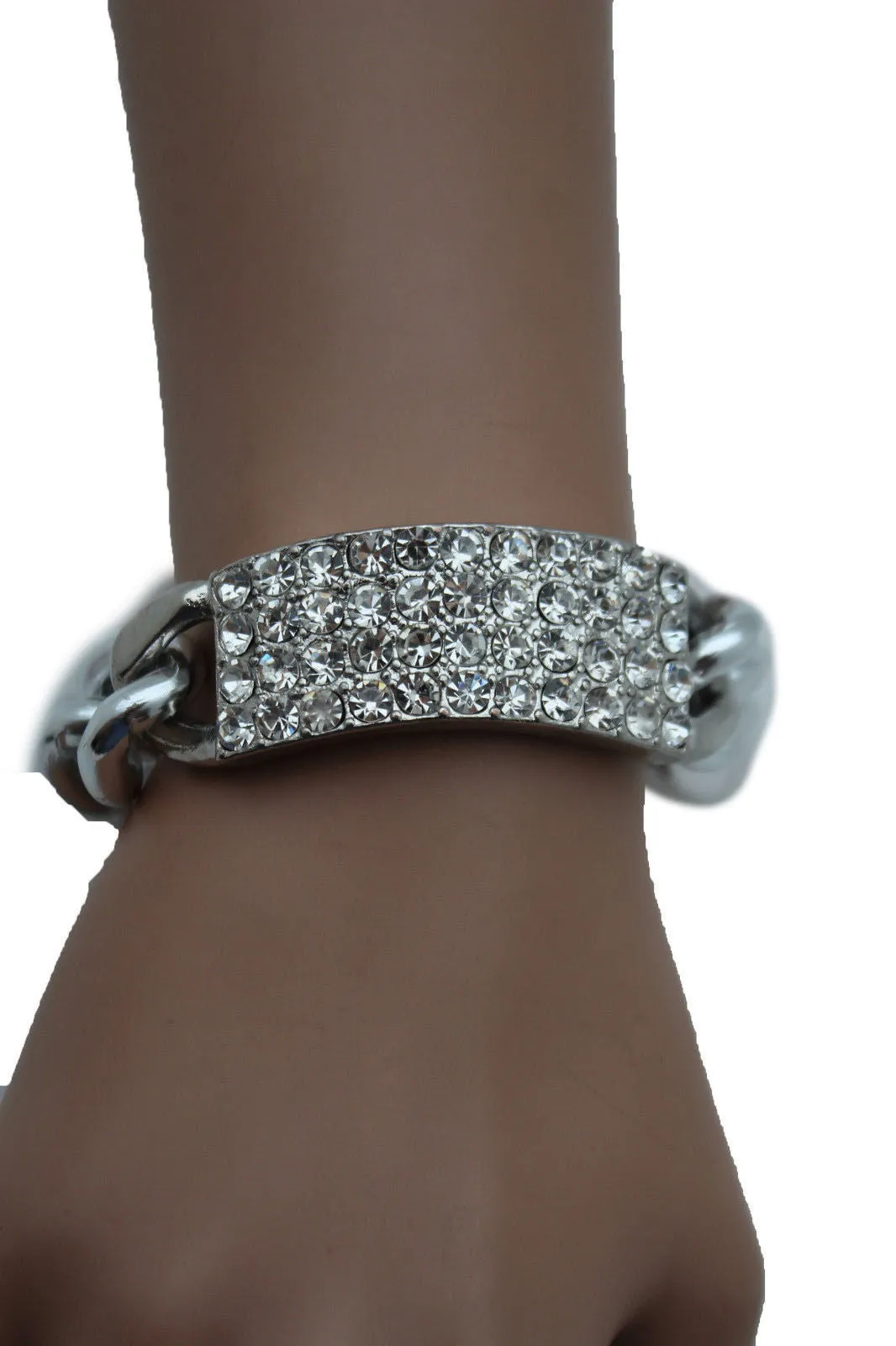 Gold Silver Metal Chains Bracelet Metal Plate Multi Clear Rhinestones