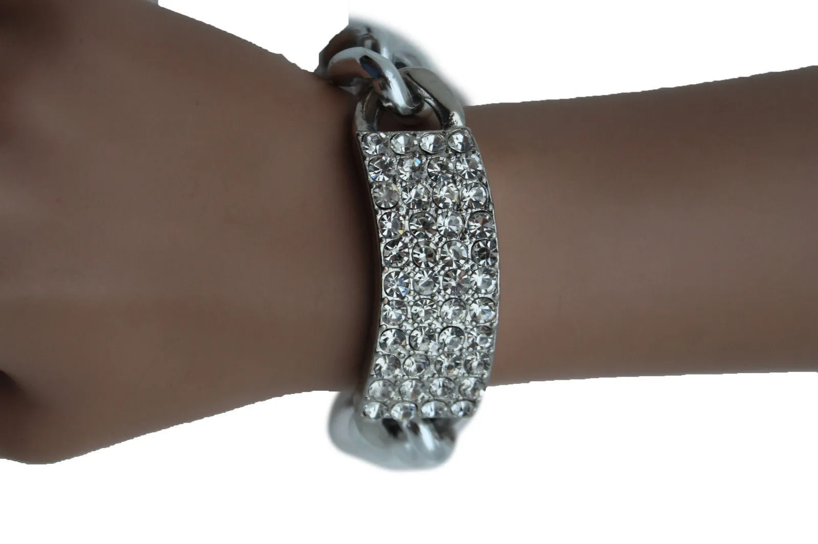 Gold Silver Metal Chains Bracelet Metal Plate Multi Clear Rhinestones