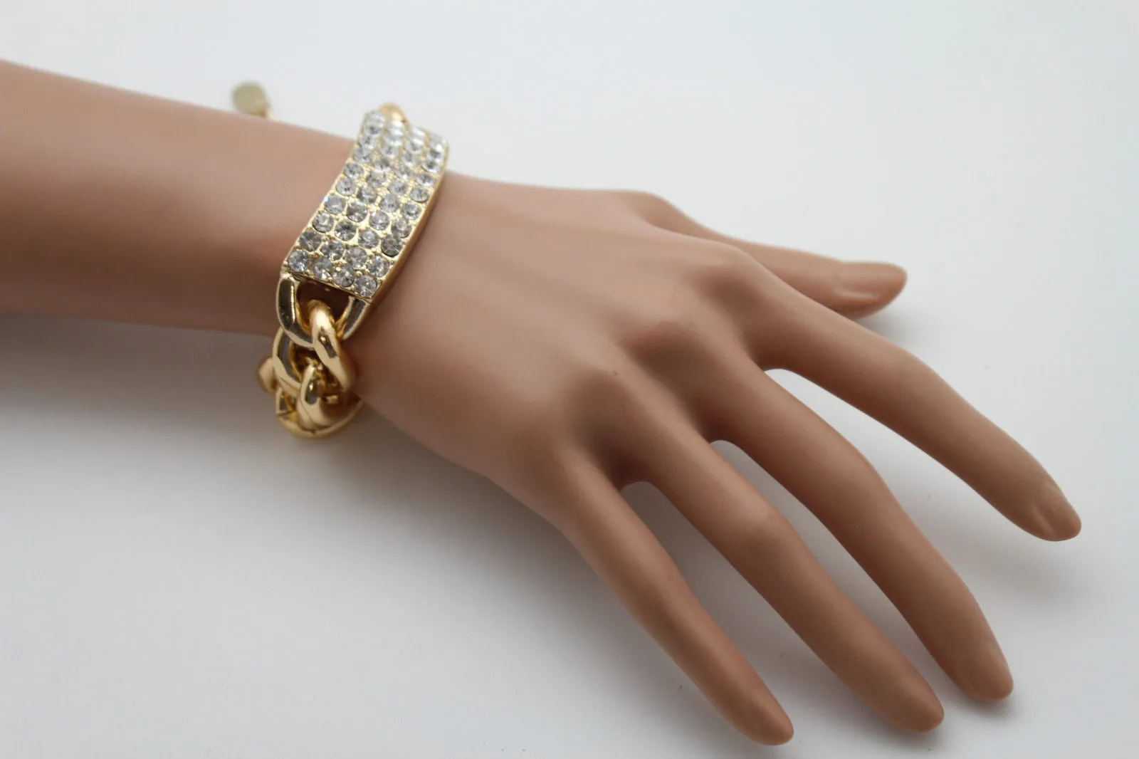 Gold Silver Metal Chains Bracelet Metal Plate Multi Clear Rhinestones