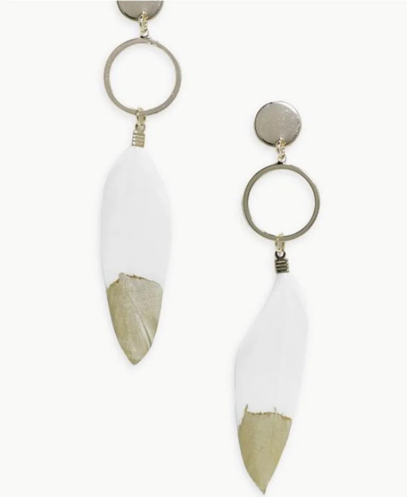 Gold Tipped White Feather Hoop Earrings