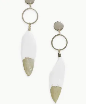 Gold Tipped White Feather Hoop Earrings