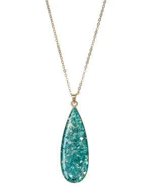 Gold-Tone Dangling Long Bold Textured Tear Drop Chain Blue Synthetic Turquoise Stone Necklace