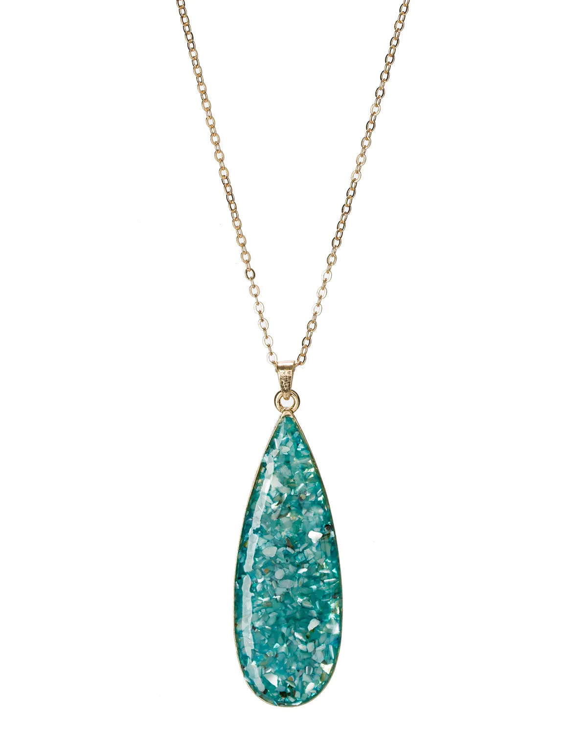 Gold-Tone Dangling Long Bold Textured Tear Drop Chain Blue Synthetic Turquoise Stone Necklace