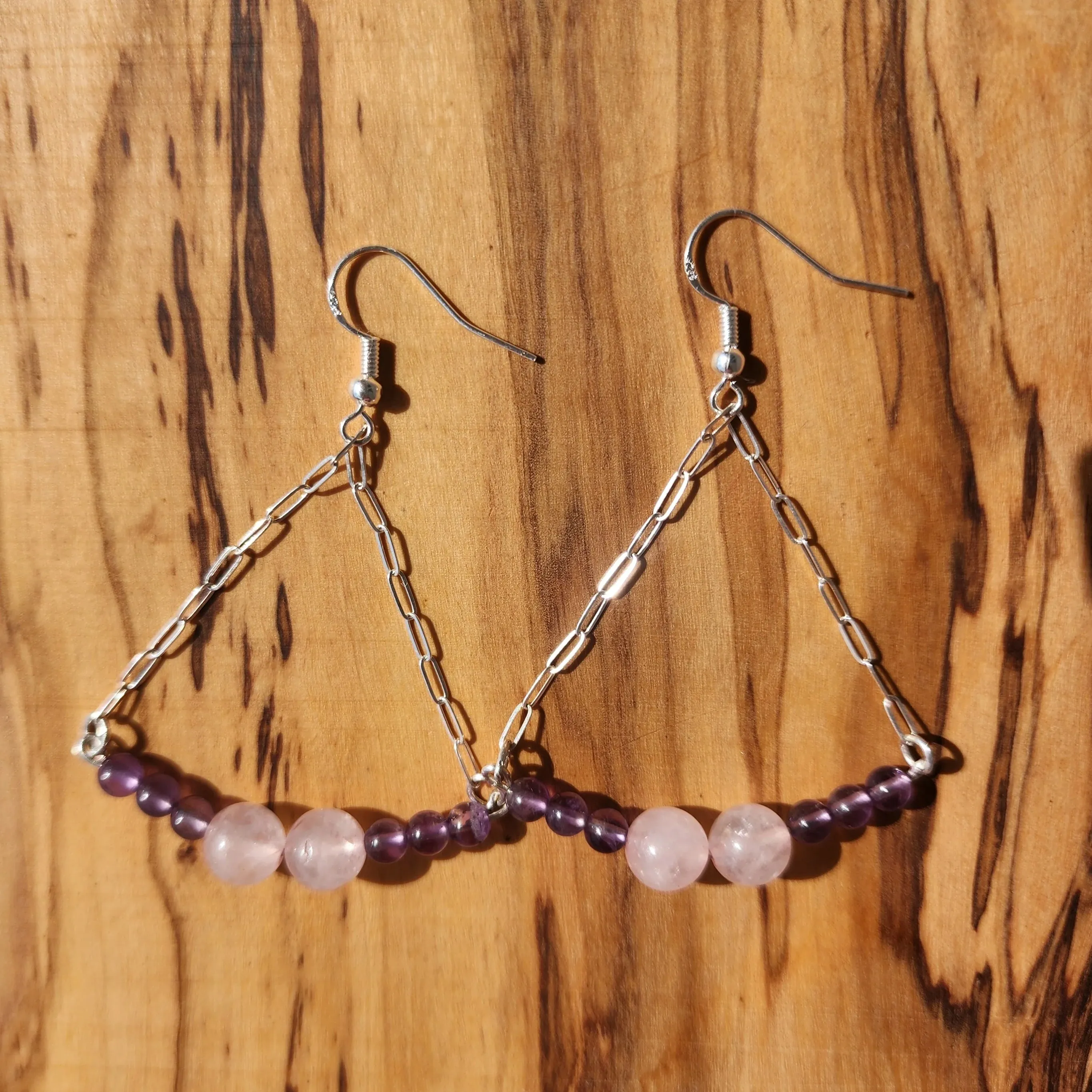 Handmade Sterling Silver Boho Earrings with Rose Quartz & Amethyst Beads | Love & Harmony Jewelry