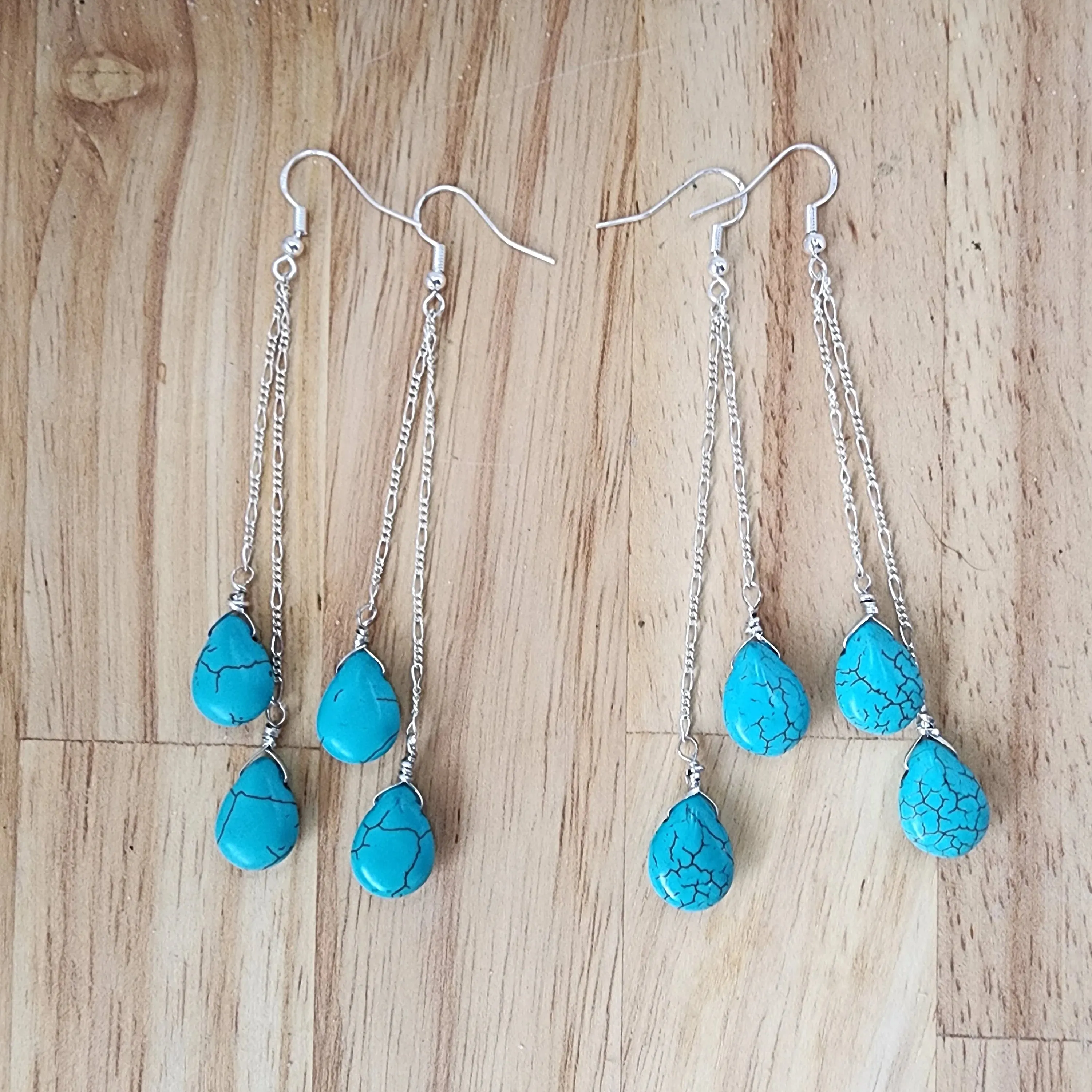 Handmade Sterling Silver Turquoise Howlite Teardrop Earrings | Figaro Chain Design | 4-Inch Length