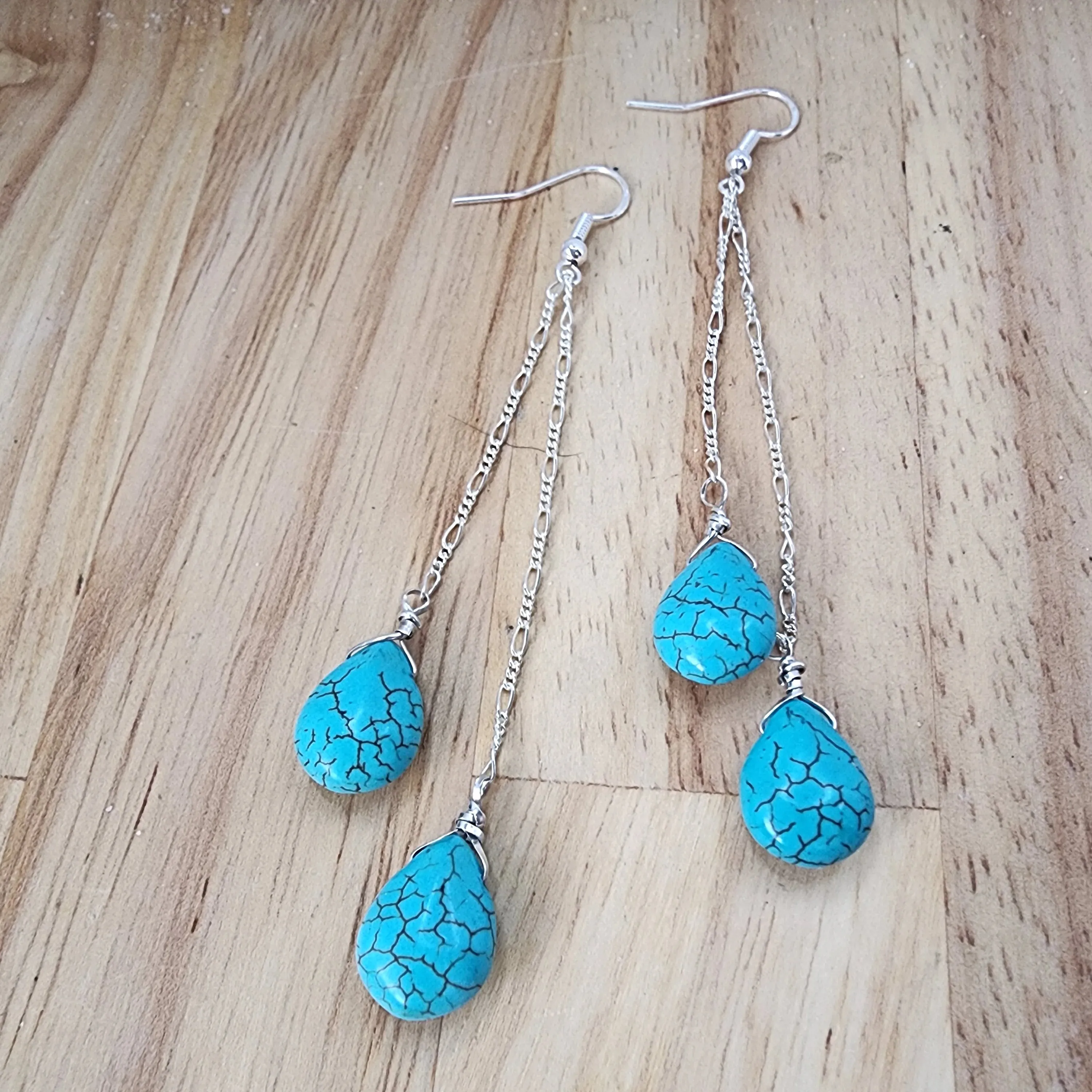 Handmade Sterling Silver Turquoise Howlite Teardrop Earrings | Figaro Chain Design | 4-Inch Length