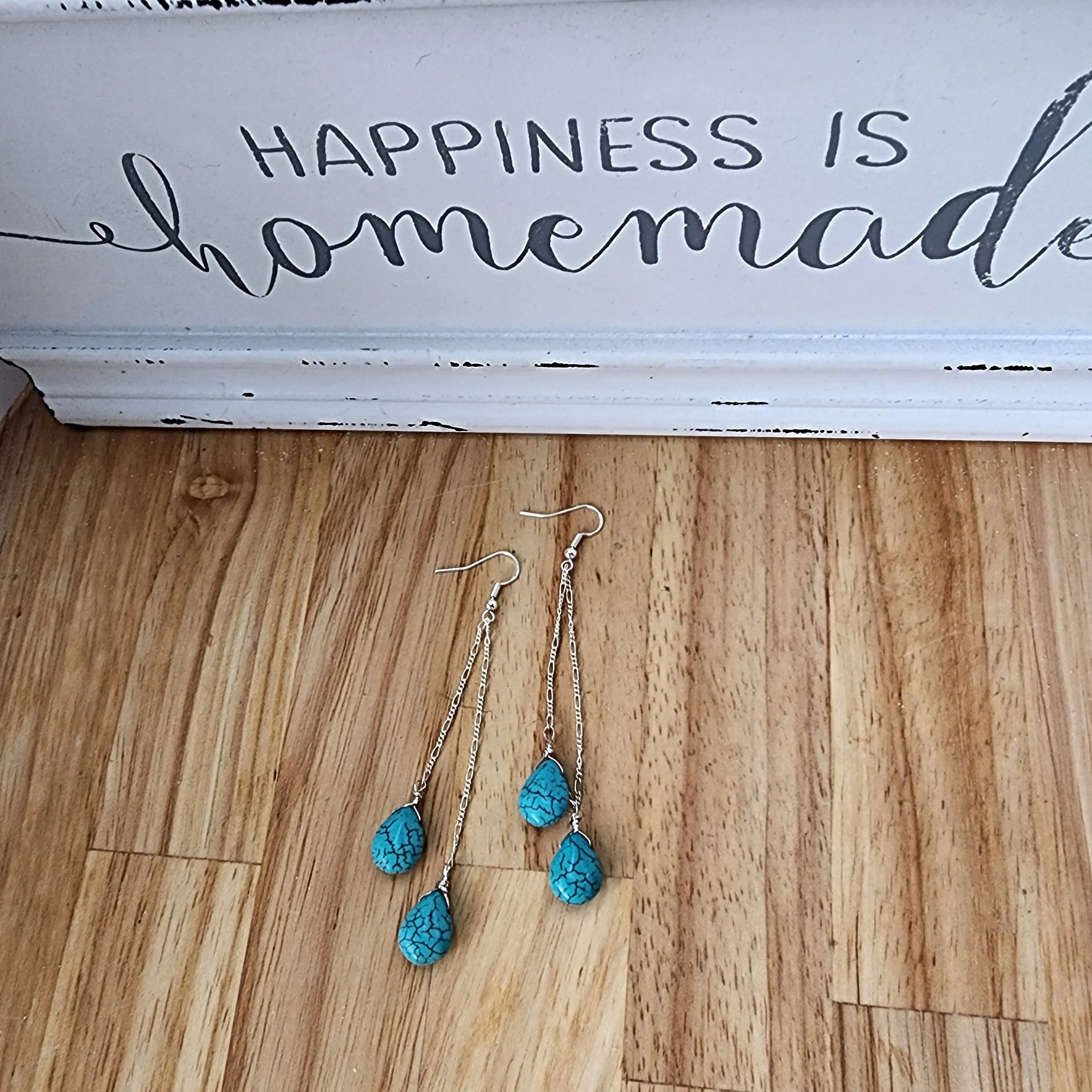 Handmade Sterling Silver Turquoise Howlite Teardrop Earrings | Figaro Chain Design | 4-Inch Length