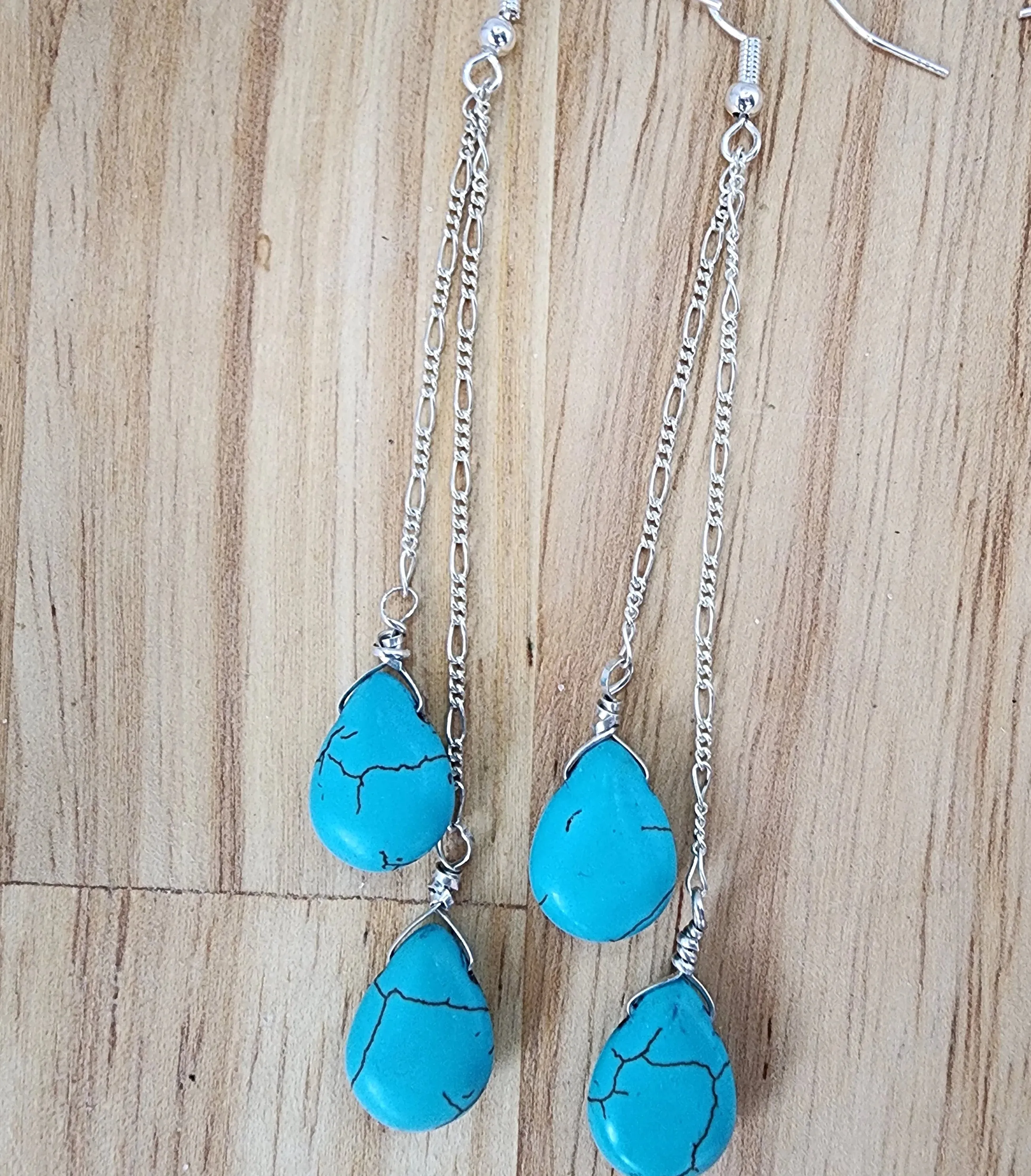 Handmade Sterling Silver Turquoise Howlite Teardrop Earrings | Figaro Chain Design | 4-Inch Length